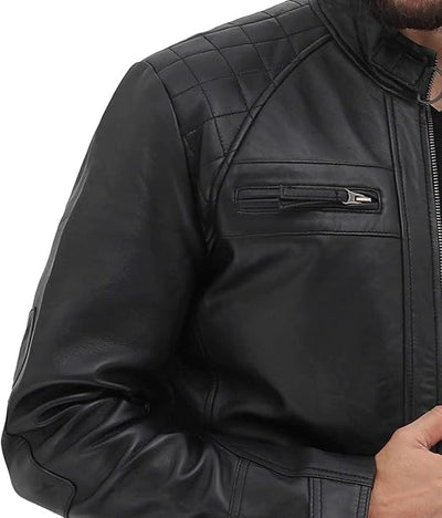 Cafe Racer Black Lambskin Quilted Leather Biker Jacket