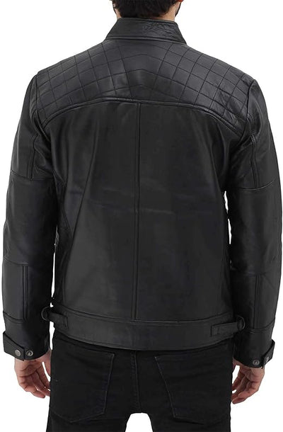 Cafe Racer Black Lambskin Quilted Leather Biker Jacket