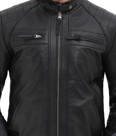 Cafe Racer Black Lambskin Quilted Leather Biker Jacket