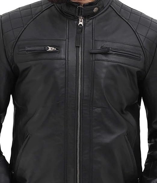 Cafe Racer Black Lambskin Quilted Leather Biker Jacket