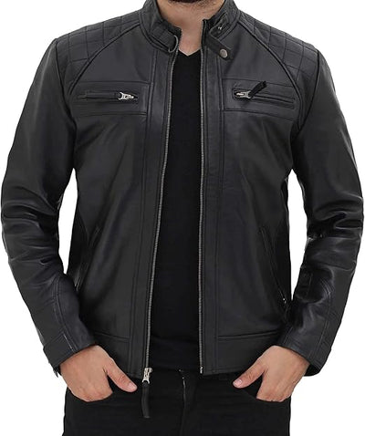 Cafe Racer Black Lambskin Quilted Leather Biker Jacket