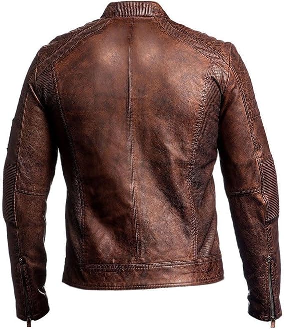 Mendhro's Cafe Racer Leather Jacket Men Brown & Black Slim Fit Jacket Men Biker Motorcycle Genuine Leather Distressed Jacket, Brown, X-Small
