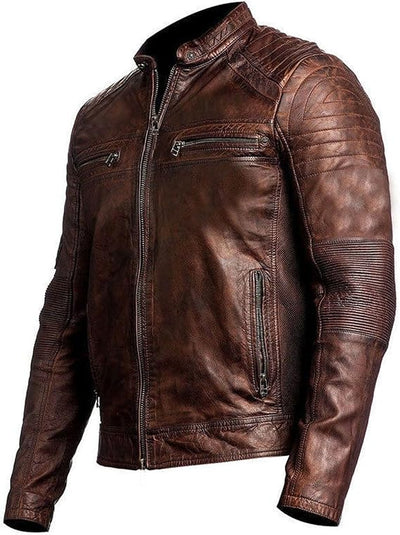 Mendhro's Cafe Racer Leather Jacket Men Brown & Black Slim Fit Jacket Men Biker Motorcycle Genuine Leather Distressed Jacket, Brown, X-Small