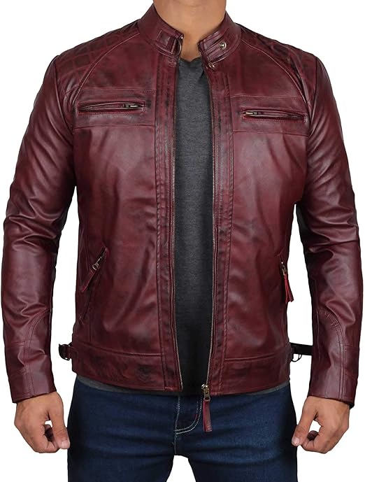 Men’s Vintage Brown Leather Biker Jacket – Premium Genuine Leather, Quilted Shoulders, Classic Motorcycle Style