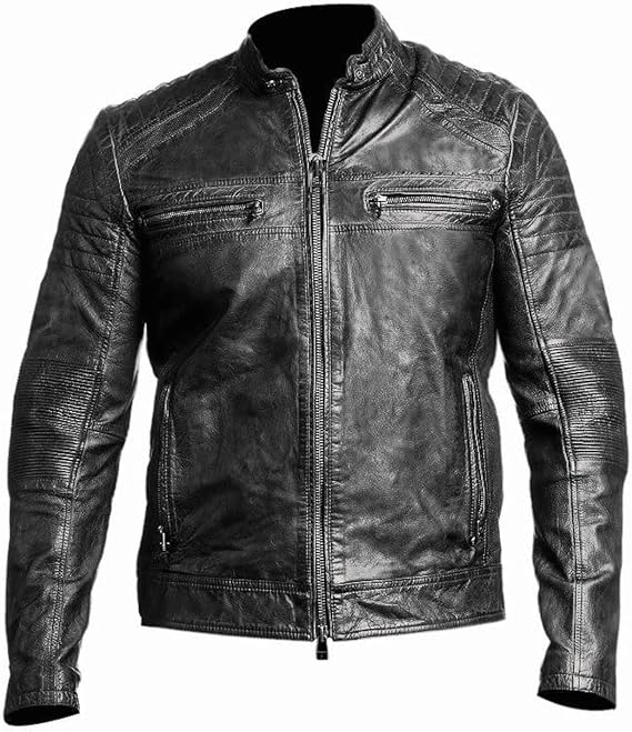 Mendhro's Cafe Racer Leather Jacket Men Brown & Black Slim Fit Jacket Men Biker Motorcycle Genuine Leather Distressed Jacket, Brown, X-Small
