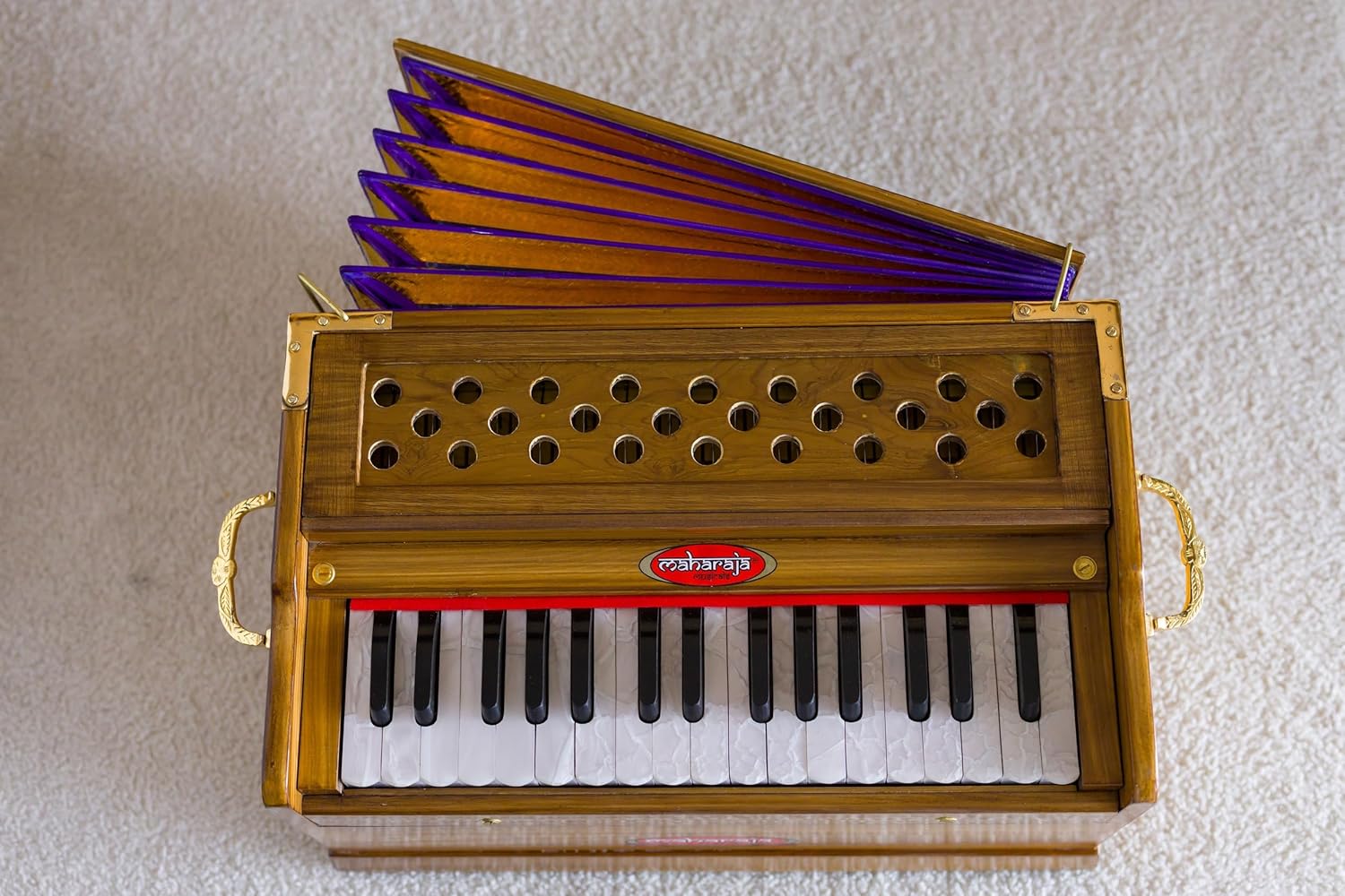 Premium Portable Travel Concert Harmonium, Maharaja Musicals, Small, 2 .5 Octaves Saptak, Multi-Fold Bellow, 18x12x10 Inch, Golden Handle & Aces, Bag, Kirtan Yoga Companion, Handmade - PH3
