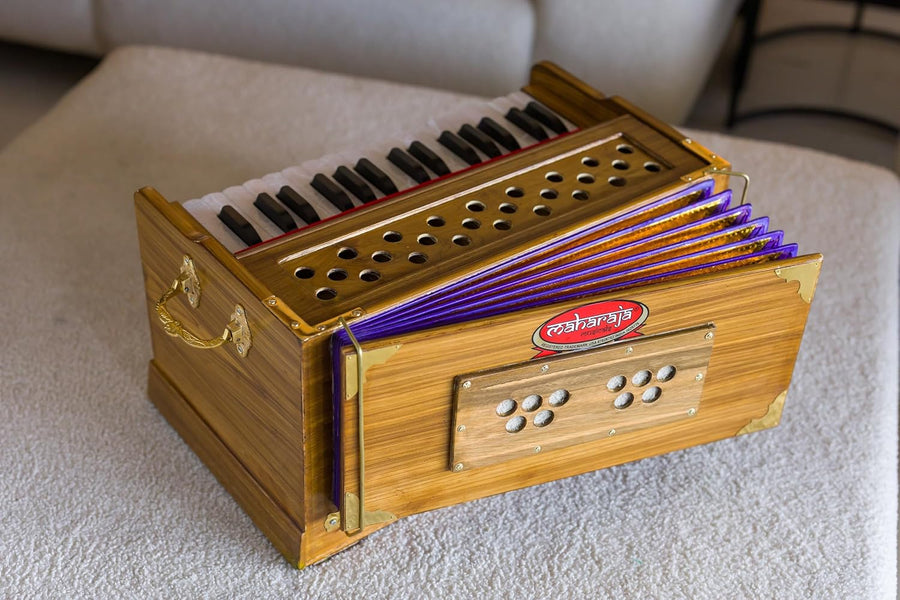 Premium Portable Travel Concert Harmonium, Maharaja Musicals, Small, 2 .5 Octaves Saptak, Multi-Fold Bellow, 18x12x10 Inch, Golden Handle & Aces, Bag, Kirtan Yoga Companion, Handmade - PH3