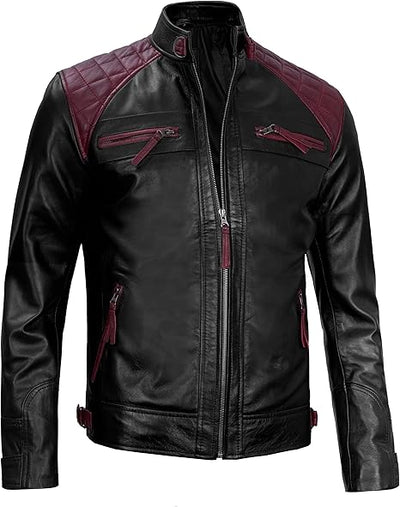 Men's Quilted Leather Jacket with Burgundy Accents