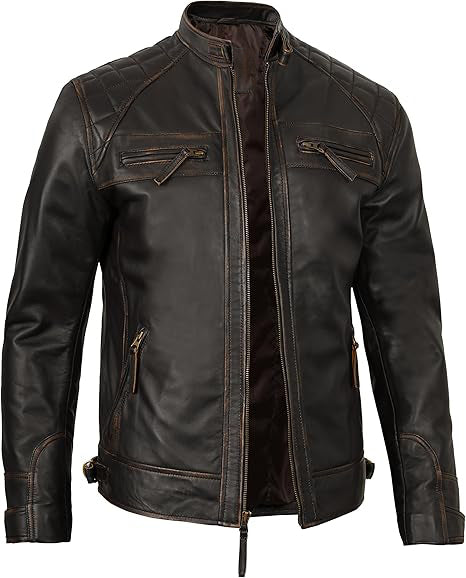 Men’s Vintage Brown Leather Biker Jacket – Premium Genuine Leather, Quilted Shoulders, Classic Motorcycle Style