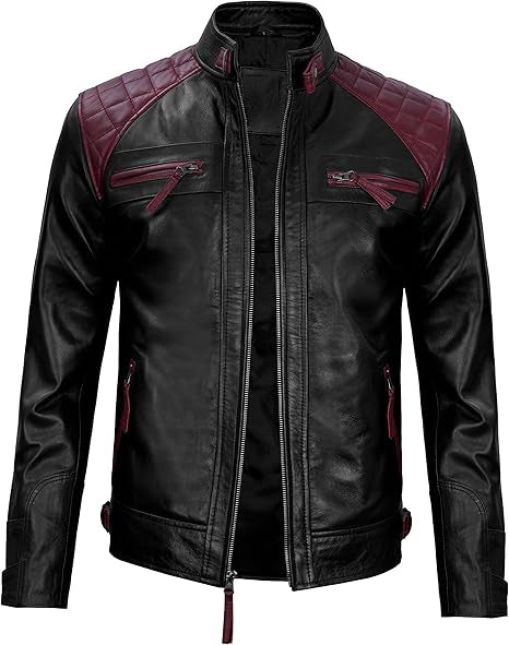 Men's Quilted Leather Jacket with Burgundy Accents