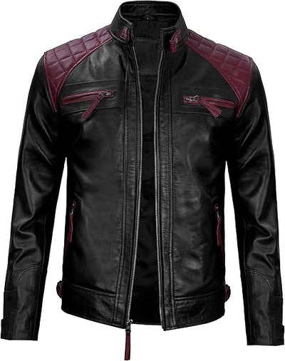 Men's Quilted Leather Jacket with Burgundy Accents