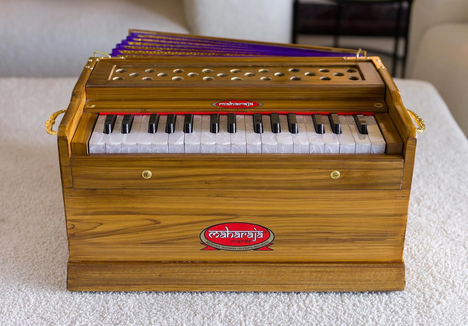 Premium Portable Travel Concert Harmonium, Maharaja Musicals, Small, 2 .5 Octaves Saptak, Multi-Fold Bellow, 18x12x10 Inch, Golden Handle & Aces, Bag, Kirtan Yoga Companion, Handmade - PH3