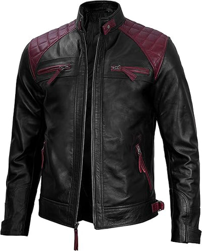 Men's Quilted Leather Jacket with Burgundy Accents