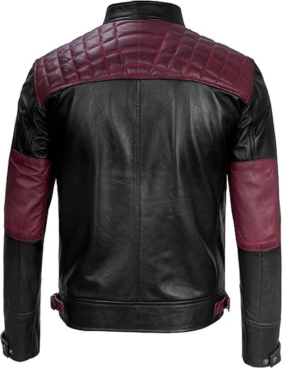 Men's Quilted Leather Jacket with Burgundy Accents