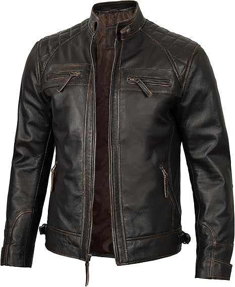 Men’s Vintage Brown Leather Biker Jacket – Premium Genuine Leather, Quilted Shoulders, Classic Motorcycle Style