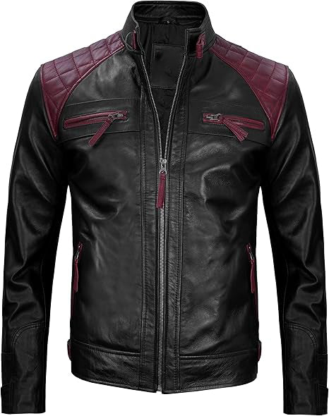 Men's Quilted Leather Jacket with Burgundy Accents