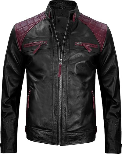 Men's Quilted Leather Jacket with Burgundy Accents