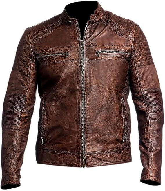 Mendhro's Cafe Racer Leather Jacket Men Brown & Black Slim Fit Jacket Men Biker Motorcycle Genuine Leather Distressed Jacket, Brown, X-Small