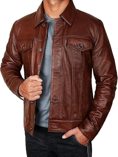 Mens Trucker Brown Leather Jacket, Slim Fit Classic Trucker Real Genuine Leather Jacket
