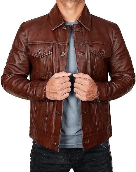 Mens Trucker Brown Leather Jacket, Slim Fit Classic Trucker Real Genuine Leather Jacket