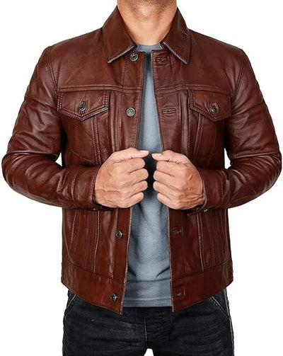 Mens Trucker Brown Leather Jacket, Slim Fit Classic Trucker Real Genuine Leather Jacket
