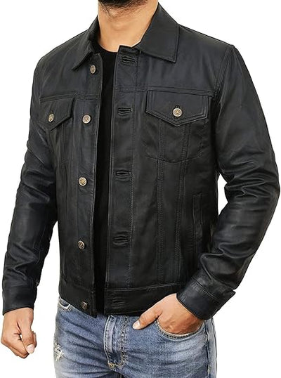 Mens Trucker Back Leather Jacket, Slim Fit Classic Trucker Real Genuine Leather Jacket