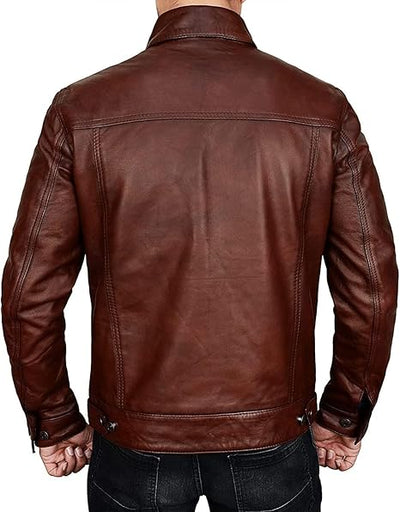 Mens Trucker Brown Leather Jacket, Slim Fit Classic Trucker Real Genuine Leather Jacket