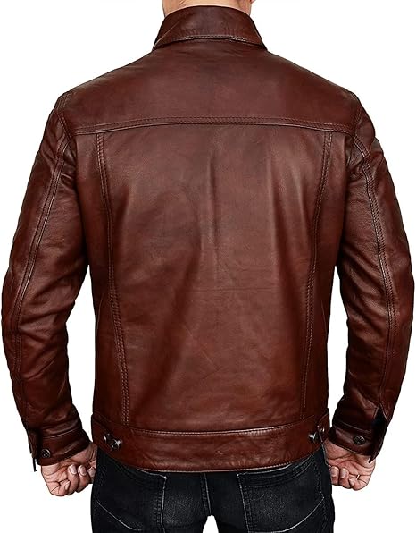 Mens Trucker Brown Leather Jacket, Slim Fit Classic Trucker Real Genuine Leather Jacket
