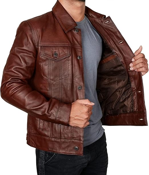 Mens Trucker Brown Leather Jacket, Slim Fit Classic Trucker Real Genuine Leather Jacket