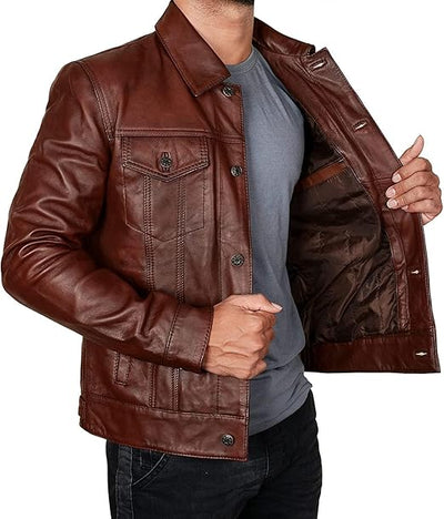 Mens Trucker Brown Leather Jacket, Slim Fit Classic Trucker Real Genuine Leather Jacket