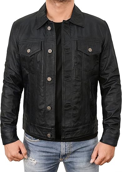 Mens Trucker Back Leather Jacket, Slim Fit Classic Trucker Real Genuine Leather Jacket