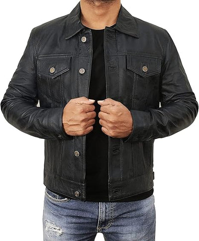 Mens Trucker Back Leather Jacket, Slim Fit Classic Trucker Real Genuine Leather Jacket
