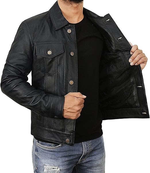Mens Trucker Back Leather Jacket, Slim Fit Classic Trucker Real Genuine Leather Jacket