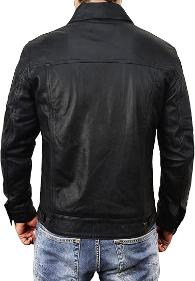 Mens Trucker Back Leather Jacket, Slim Fit Classic Trucker Real Genuine Leather Jacket