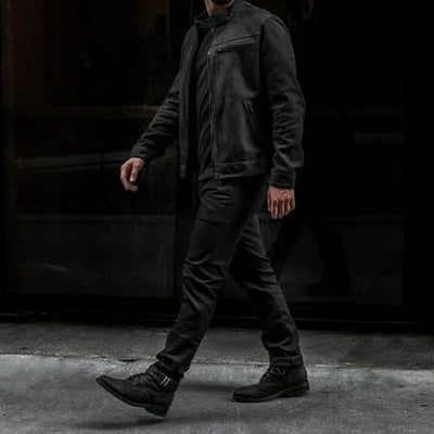 Racer Lambskin Leather Jacket Men Round Collar Men's Casual Real Leather Moto