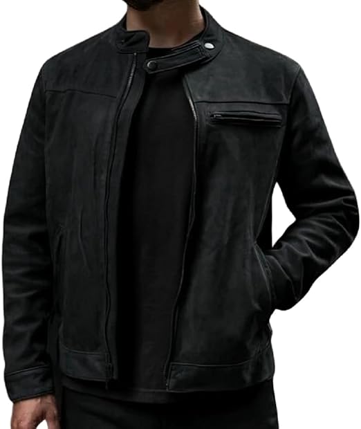 Racer Lambskin Leather Jacket Men Round Collar Men's Casual Real Leather Moto