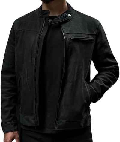 Racer Lambskin Leather Jacket Men Round Collar Men's Casual Real Leather Moto
