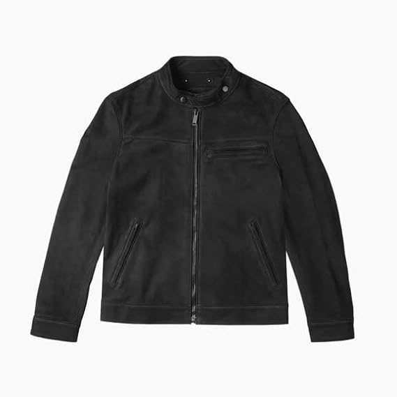 Racer Lambskin Leather Jacket Men Round Collar Men's Casual Real Leather Moto