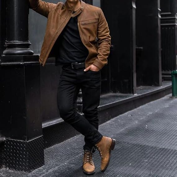 Racer Lambskin Leather Jacket Men Round Collar Men's Casual Real Leather Motorcycle Biker Jacket (3)